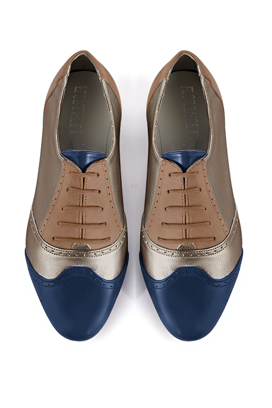 Navy blue, bronze gold and biscuit beige women's fashion lace-up shoes.. Top view - Florence KOOIJMAN